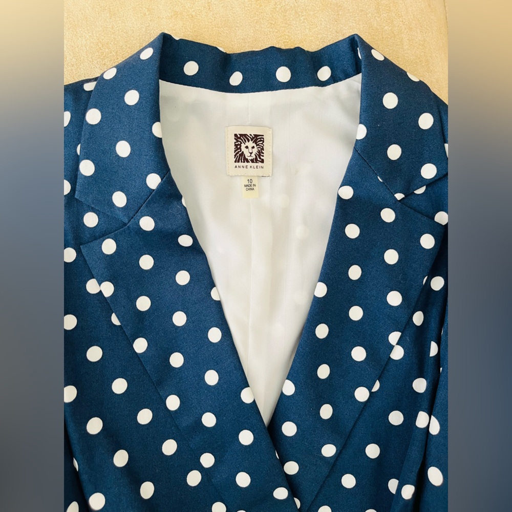 Anne Klein Cotton Dress Navy Blue Polka Dot Belted Fit & Flare Cadet Combo NWT - Picture 9 of 12